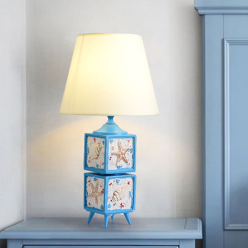 2-Cube Nightstand Light Mediterranean Style Resin Single Bedroom Fabric Table Lamp in Sky Blue/Water Blue