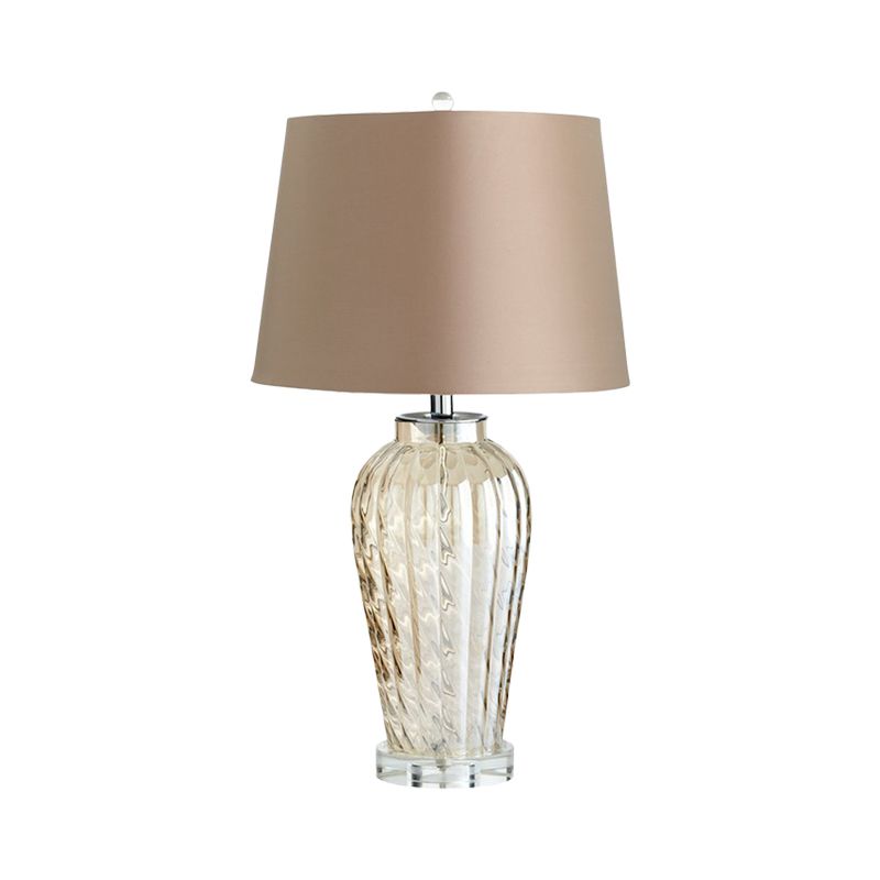 Fabric Tapered Drum Table Light Contemporary 1-Light Nightstand Lamp with Urn Ribbed Glass Base