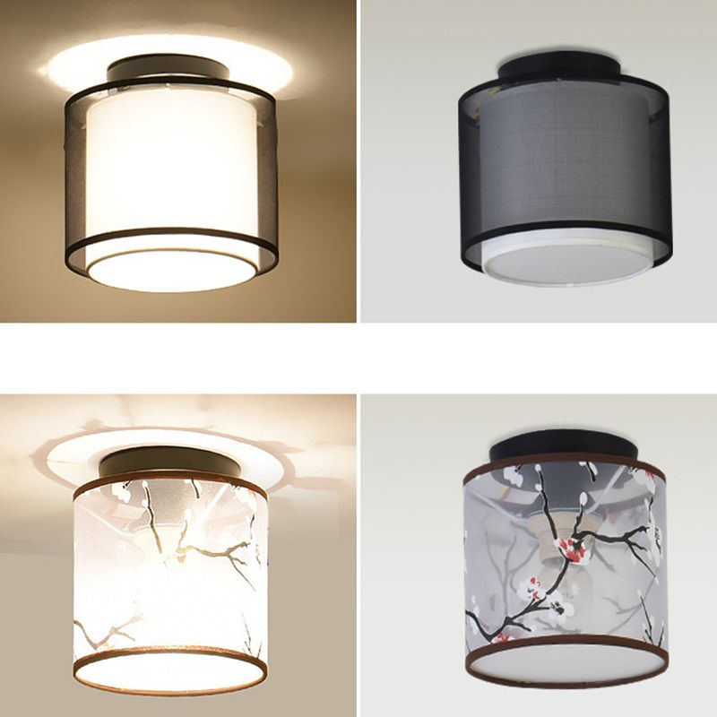 1-Bulb Ceiling Flush Mount Vintage Hallway Flush Lamp with Double Fabric Shade in Black