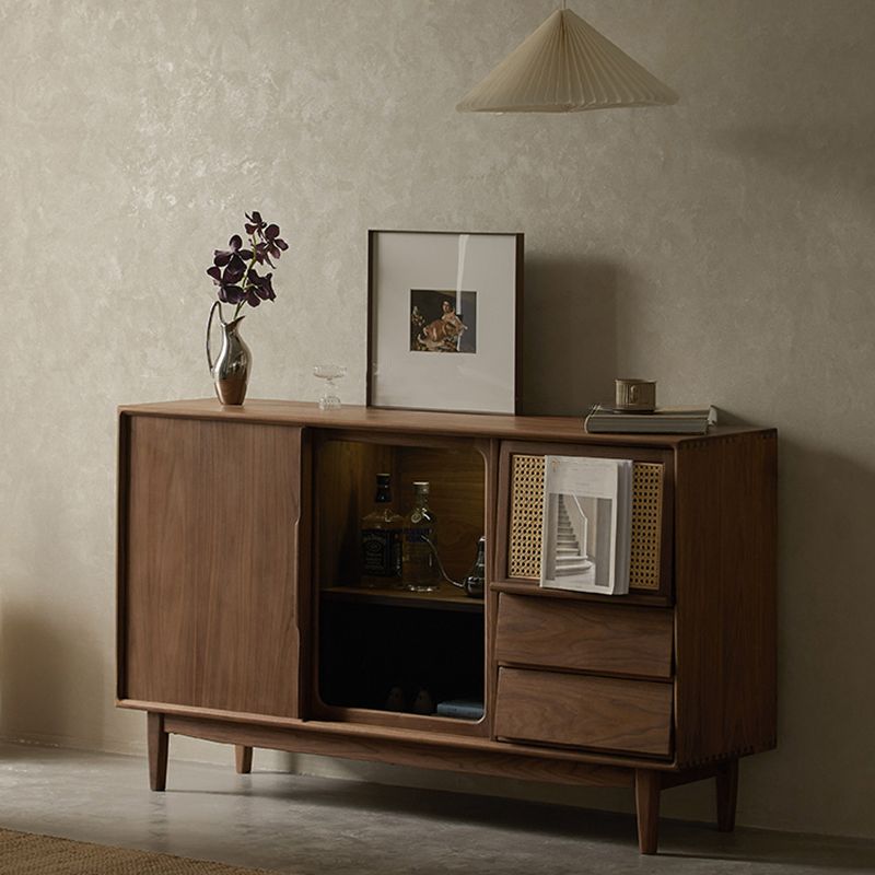 Contemporary Solid Wood Buffet Table Brown Sideboard with 2 Drawers