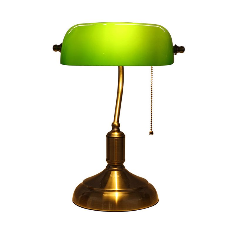 Single Swivelable Shaded Table Lighting Retro Green Glass Nightstand Lamp with Pull Chain in Polished Brass