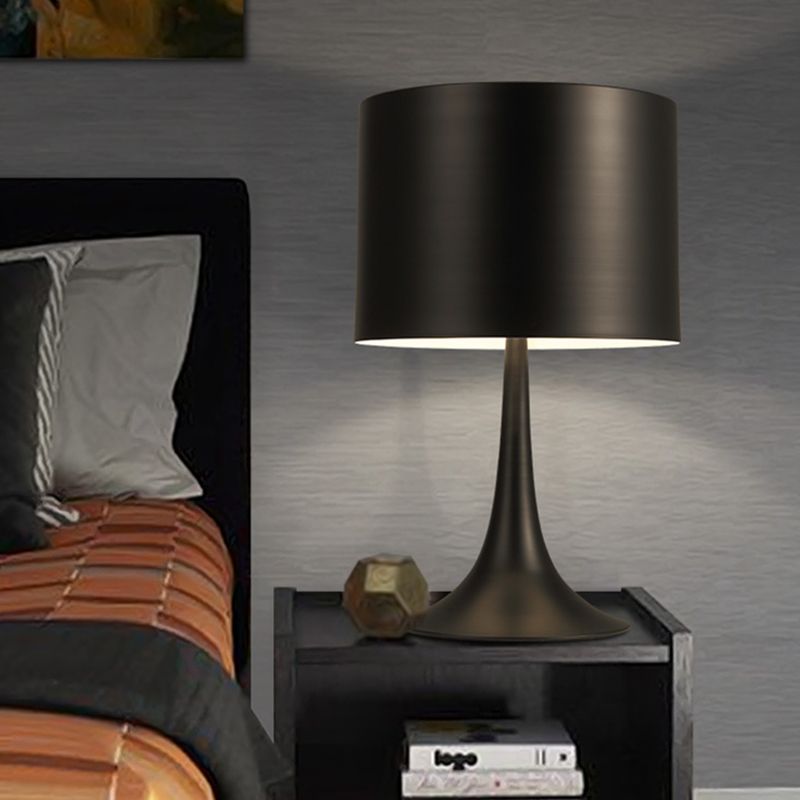 Black/White Drum Table Light with Curvaceous Base Simple Style 1 Light Metal Table Lamp for Bedroom, 10"/12" Dia