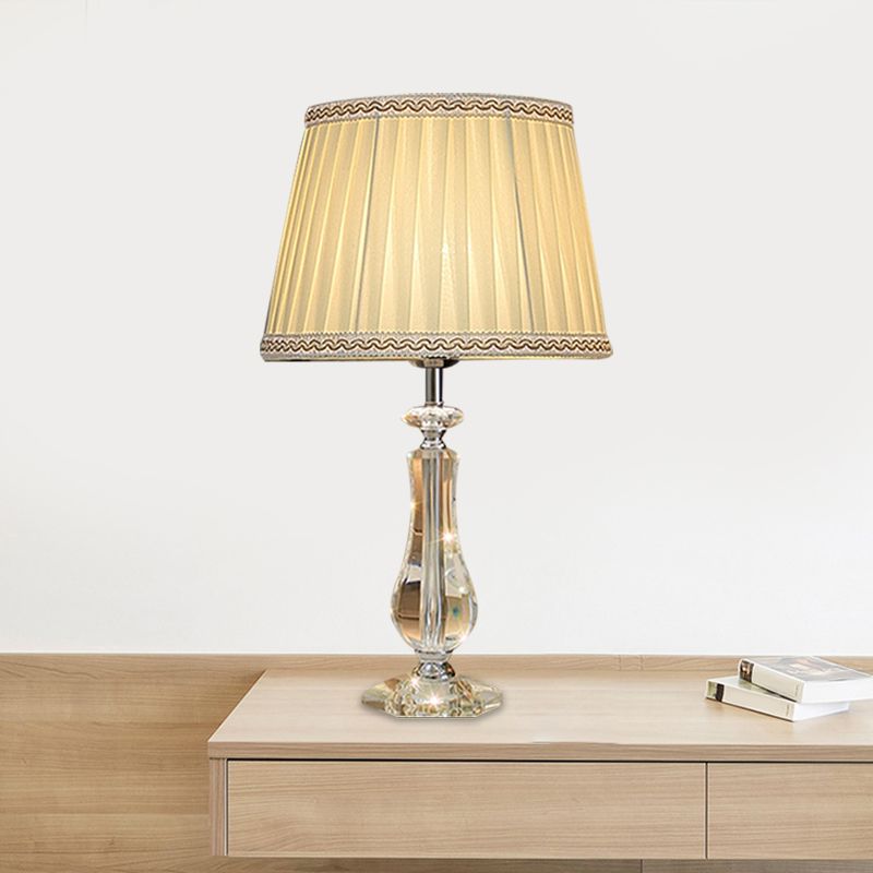 1 Head Flared/Pleated Shade Table Light Traditional Beige/Burgundy/Sky Blue Fabric Nightstand Lamp with Crystal Column