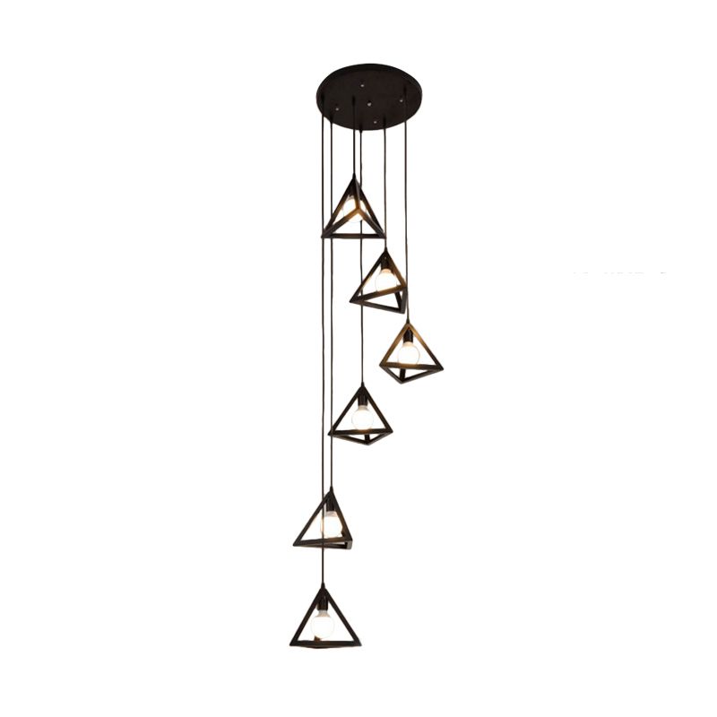 6-Bulb Cluster Pendant Light Vintage Triangle Metal Hanging Ceiling Light in Black