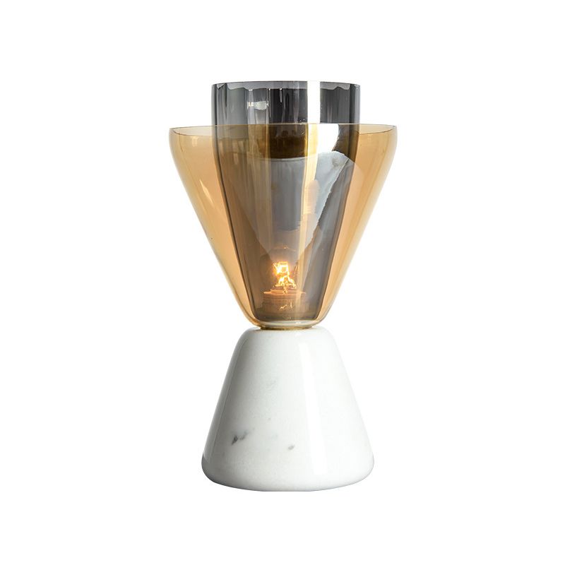 Inverted Double Conical Table Lamp Post-Modern Amber and Smoke Grey Glass Single Living Room Night Light in White