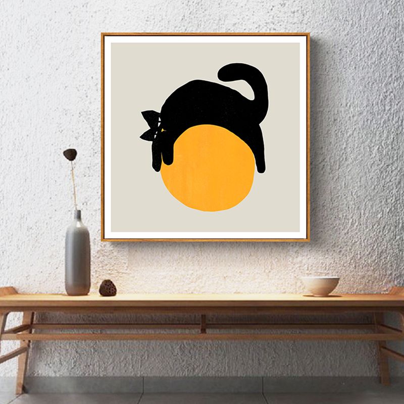 Cat on the Ball Canvas Print Nordic Style Textured Childrens Bedroom Wall Art in Yellow