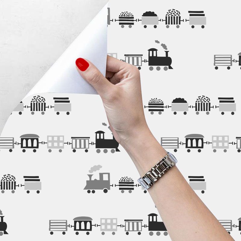 Black and White Wall Art 29.1 sq ft. Cartoon Train Wallpaper Roll for Children, Self-Adhesive