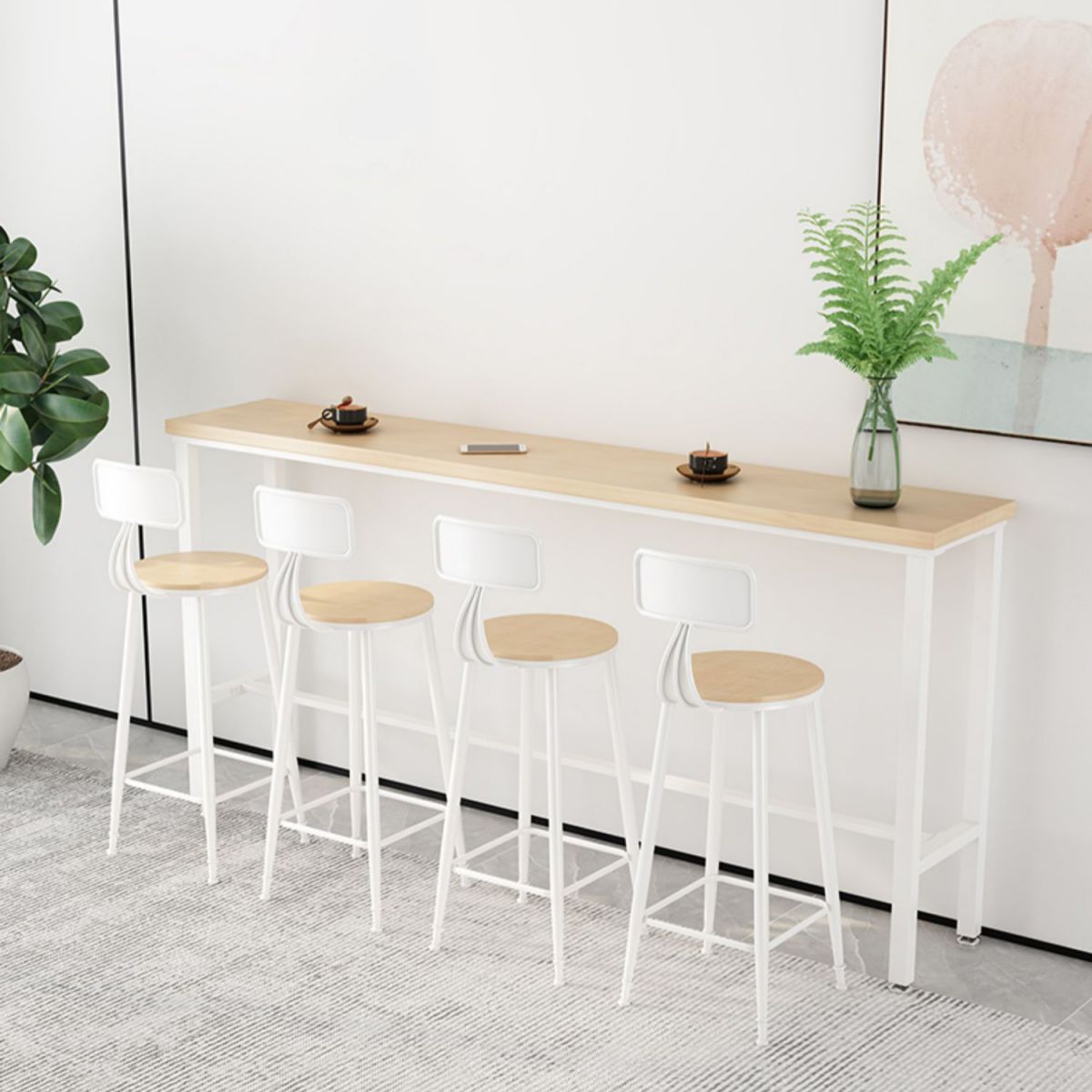 Natural Finish Solid Wood Top Bar Table Modern White Metal Frame Pub Table