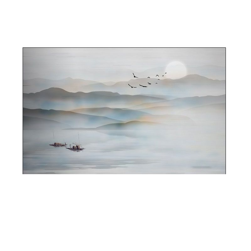 Chinese Foggy Mountains Wall Art Light Color Textured Canvas Painting for Bedroom