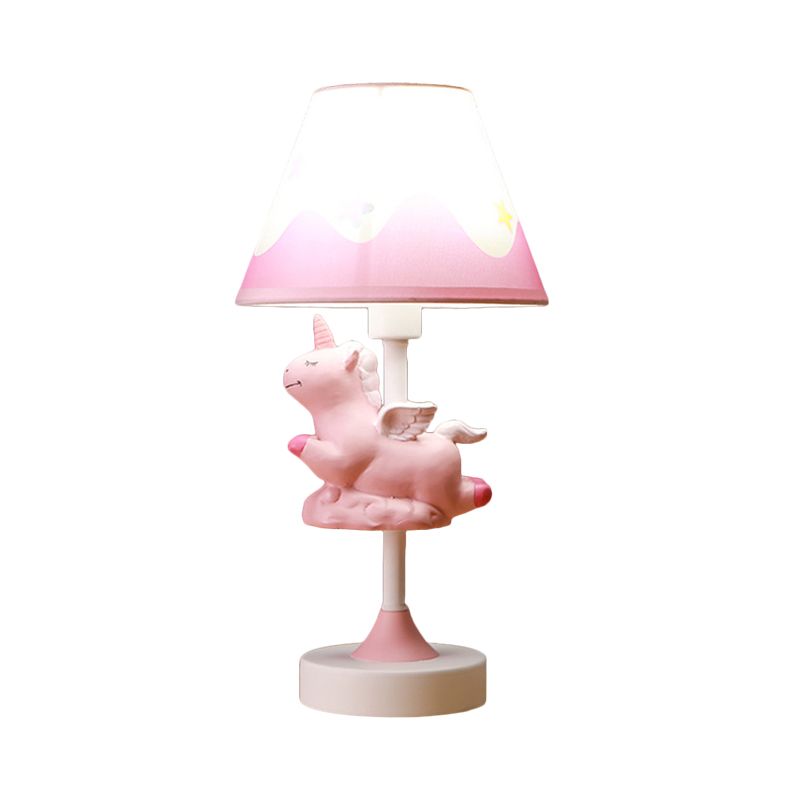 Unicorn Bedroom Night Light Resin 1-Light Cartoon Night Table Lamp in Pink/Yellow/Blue with Cone Fabric Shade