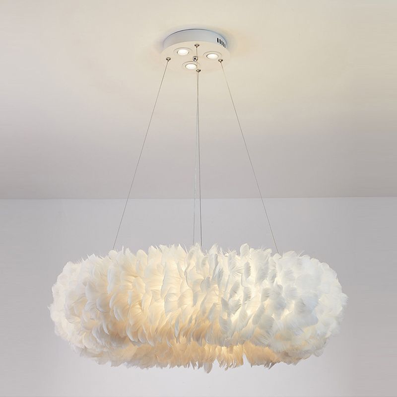 White Feather Chandelier Nordic Style Round Chandelier Pendant for Living Room