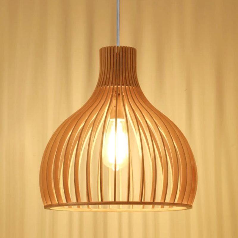 Modern Style Hanging Light Fixture 1-Light Pendant Lamp with Wooden Shade for Bedroom