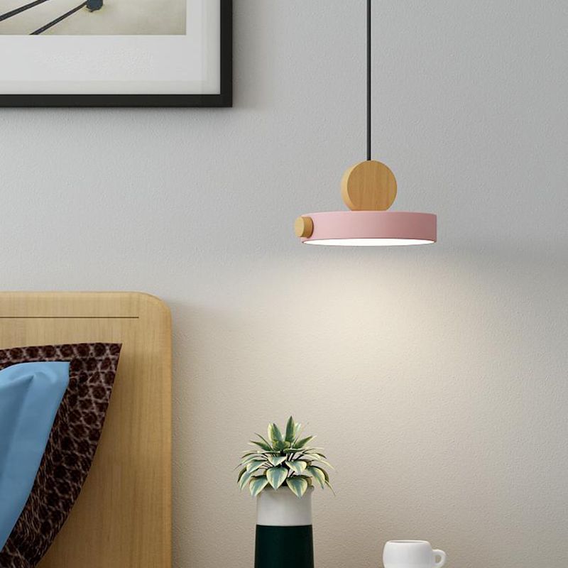 Macaron Style Hanging Light Fixture 1-Light Pendant Lamp with Wood for Living Room