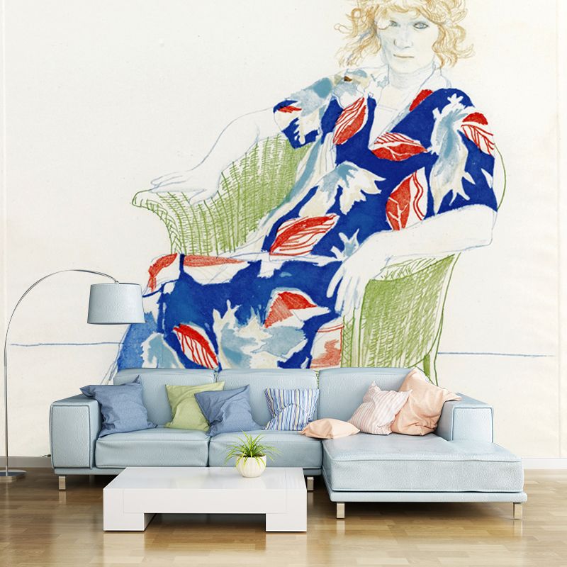 Hockney Woman Portrait Mural Decal in Red-Blue Artistry Wall Decoration for Bedroom