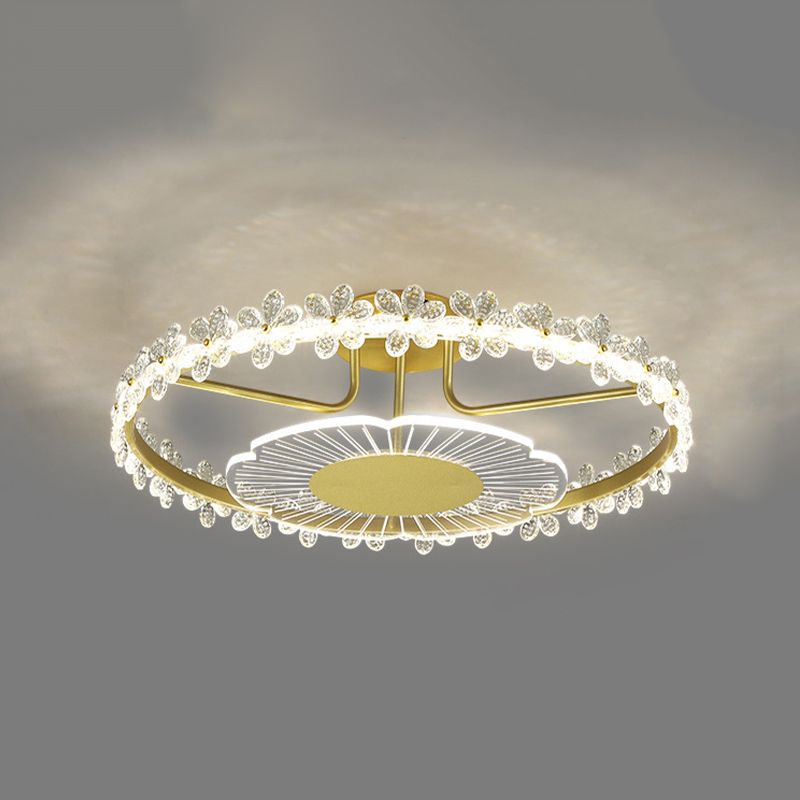 2-Light Golden Flush Mount Lighting Metal LED Ceiling Light with Crystal