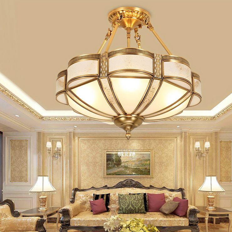 Brass Shaded Ceiling Mount Light Fixture Traditional Glass Living Room Close to Ceiling Light