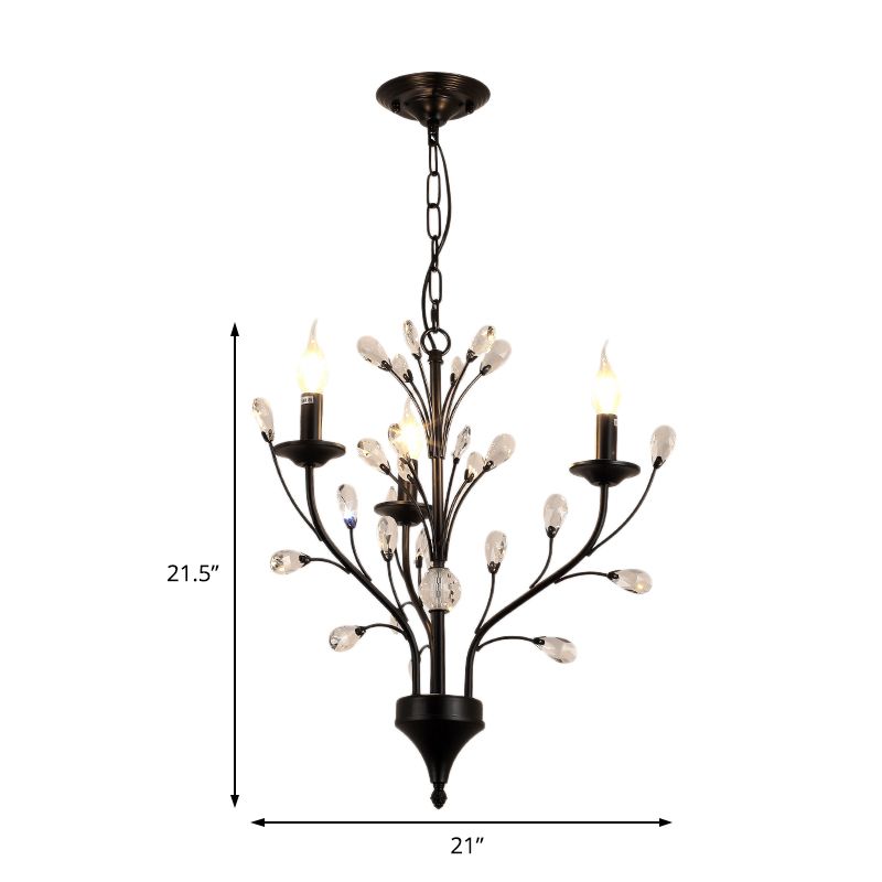 3/6/9 Lights Dining Room Chandelier Lamp Modern Black Floral Iron Pendant Light with Crystal Draping