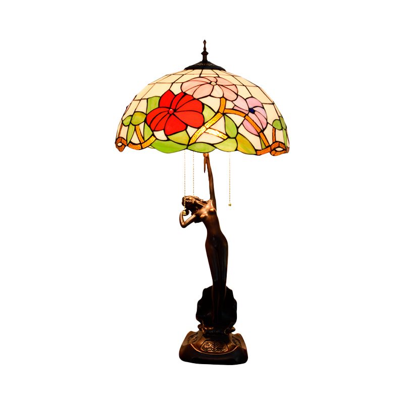 Flowering Stained Glass Table Lamp Tiffany-Style 3 Heads Red/Orange Pull-Chain Night Stand Light with Women Sculpture