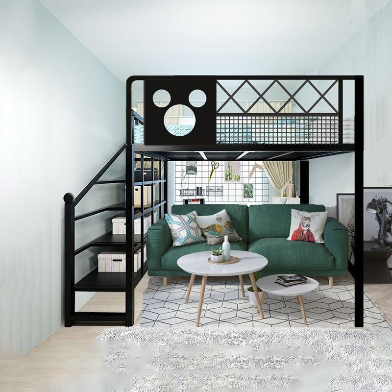 Scandinavian Iron Bunk Bed with Guardrail and Built-In Ladder in Black/White