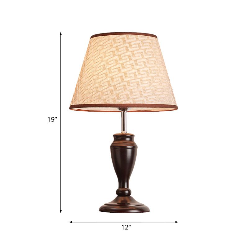 Brown 1 Head Table Light Rural Fabric Tapered Shade Nightstand Lamp with Flower/Slash/Geometric Pattern