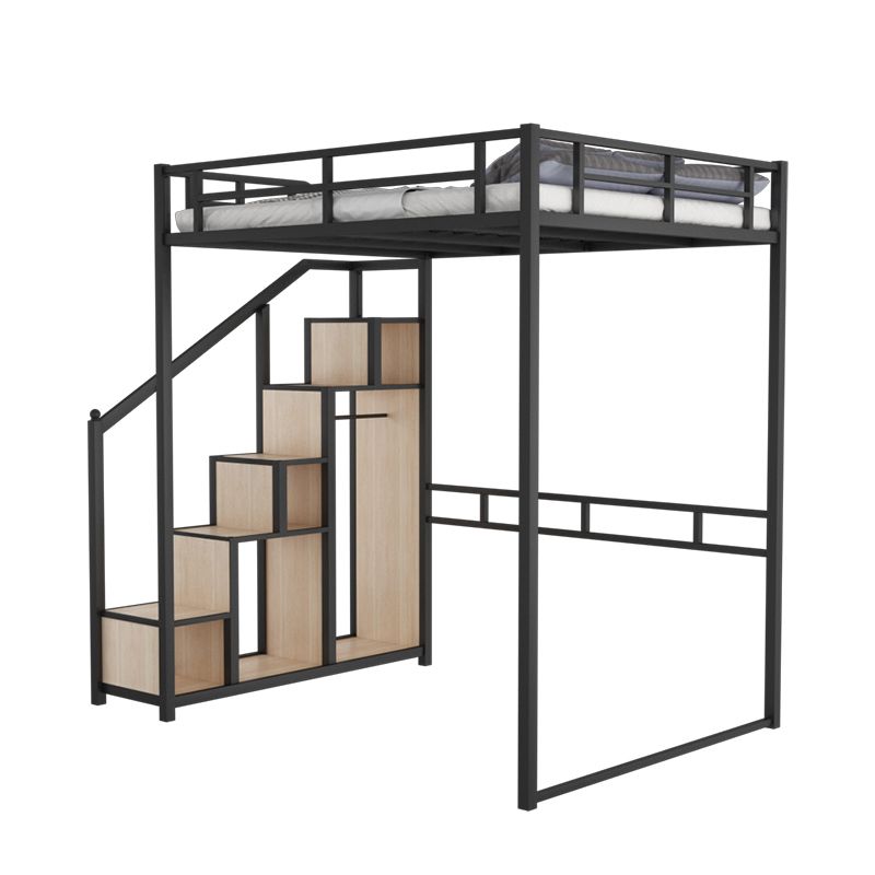 Metal Loft Bed Natural Storage Kids Bed with Guardrails and Shelves