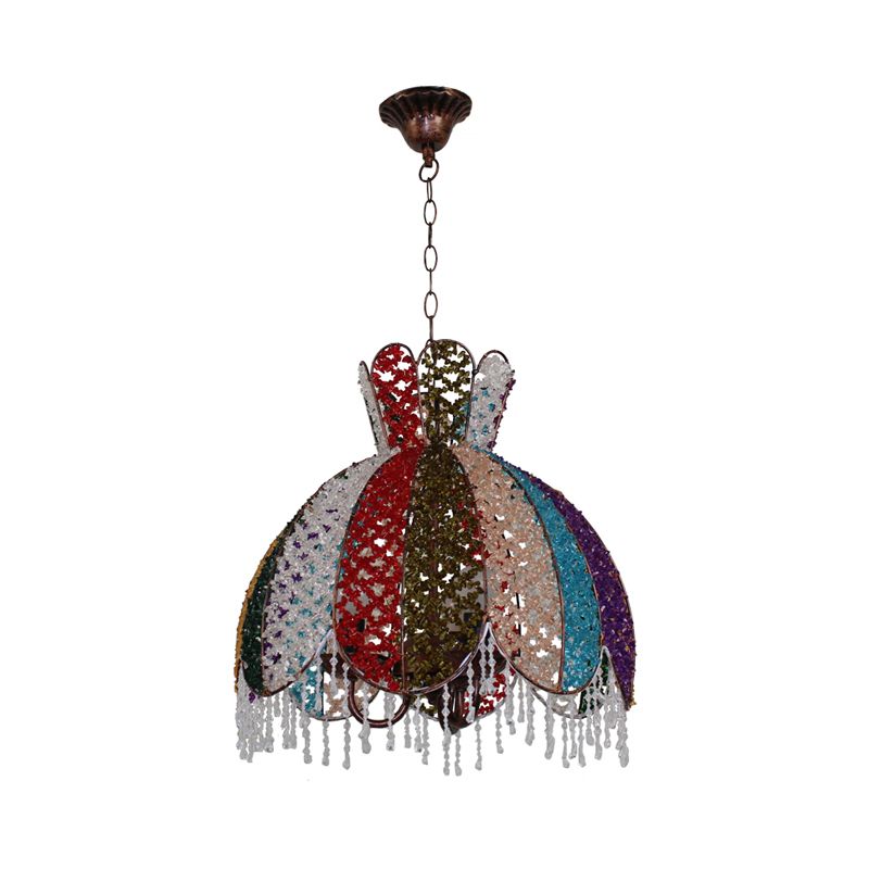 Bohemian Scalloped Pendant Chandelier 3 Heads Metal Hanging Ceiling Light in White/Red/Yellow with Dangling Crystal