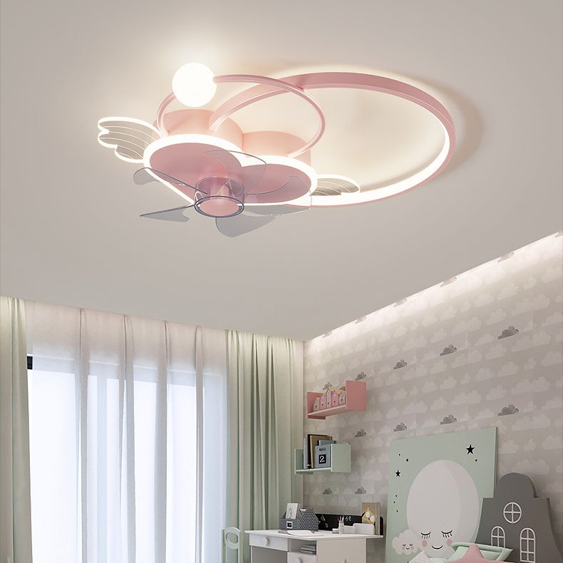 Heart and Halo Ring Shaped Ceiling Fan Cartoon Acrylic Bedroom LED Semi Flush Light