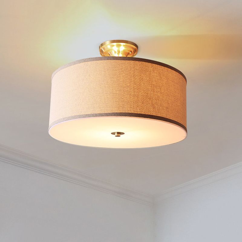 Fabric Cylinder Shape Flush Ceiling Light Modern Multi Lights Flush Light Fixture in Brass