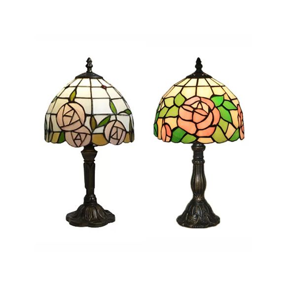 Tiffany Rose Table Light Bedroom 1 Light Stained Glass Decorative Standing Light in Pink-White/Pink