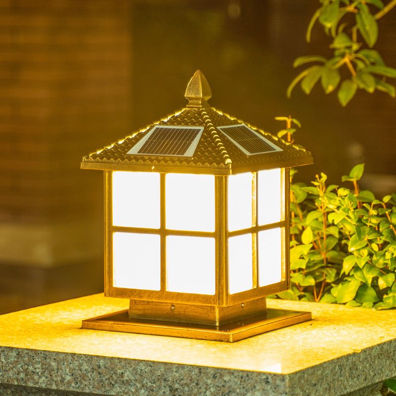 House Shaped Aluminum Post Lighting Vintage Single-Bulb Courtyard Landscape Lamp with Frosted Acrylic Shade