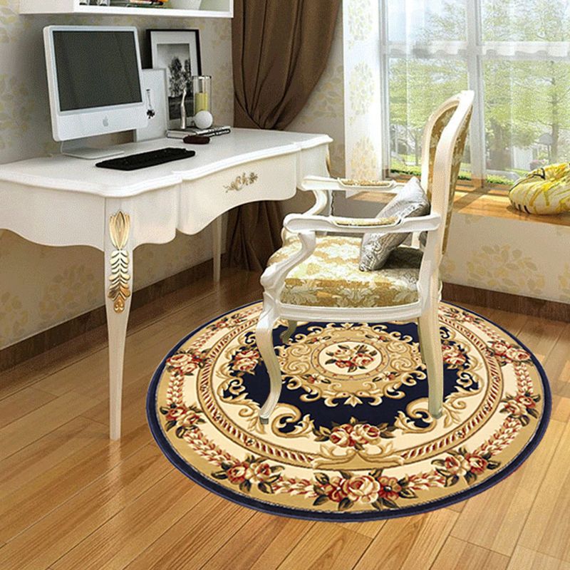 Round Yellow Tone Retro Carpet Polyester European Print Rug Non-Slip Backing Indoor Rug for Bedroom