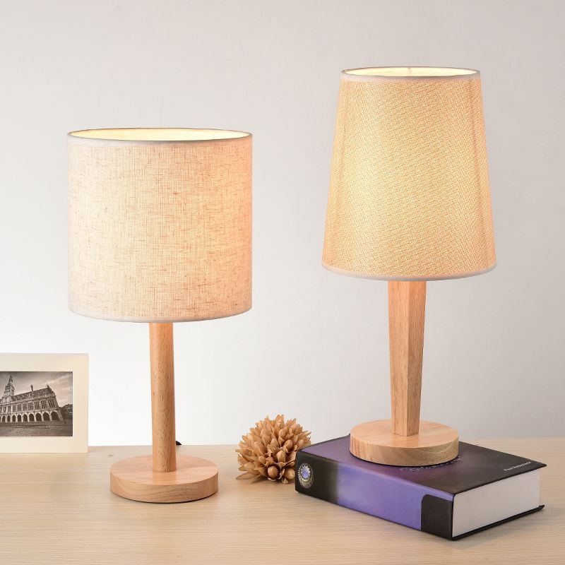 Geometric Fabric Table Lamp Modern Style Single White Nightstand Light with Wooden Base