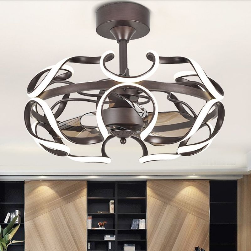 3-Blade Metal Geometry Semi Flush Mount Modernism 26" Wide LED Brown Ceiling Fan Light Fixture