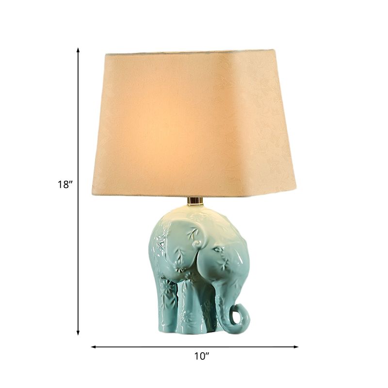 Ceramic Elephant Table Stand Lamp Farmhouse 1 Bulb Living Room Night Light in Blue with Trapezoid Fabric Shade