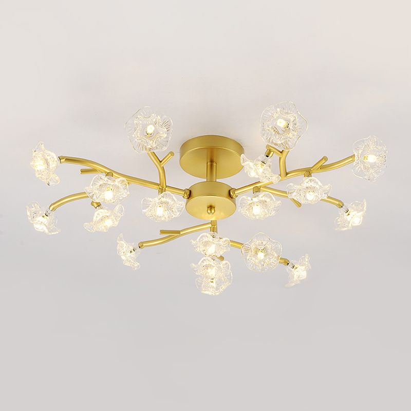 Contemporary Branch Ceiling Lamp with Blossom Metallic Gold Semi Flush Ceiling Light for Dining Room