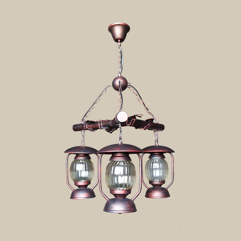 Red Brown 3 Lights Chandelier Light Fixture Antique Kerosene Pendant Lighting for Dining Room