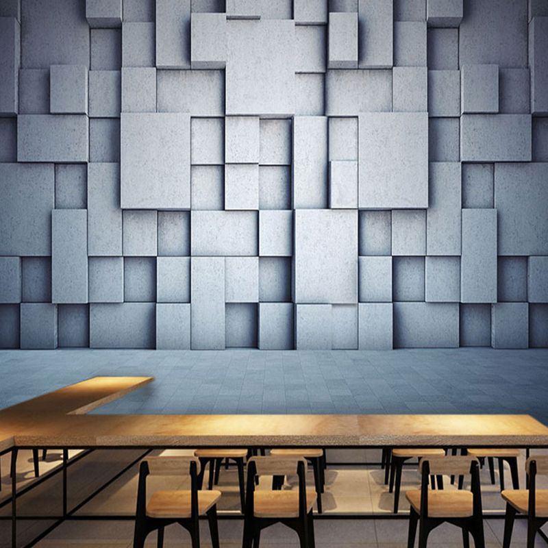 Rustic Grey 3D Visual Irregular Block Mural Wallpaper for Coffee Shop and Meeting Room, Non-Woven Material