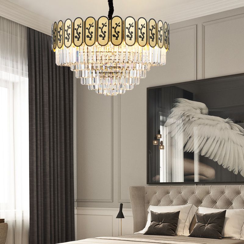 Modern Round Chandelier Lighting Fixture Crystal and Metal Hanging Light with Flower Pattern in Brass for Bedroom