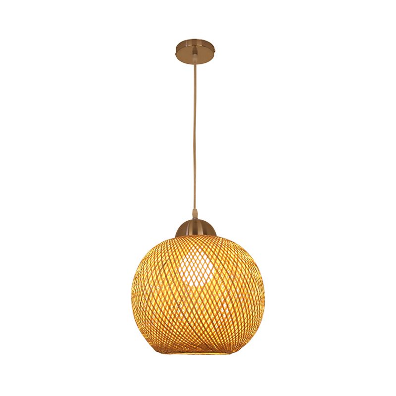 Globe Suspension Pendant Contemporary Bamboo 1 Bulb Wood Hanging Light Kit, 12"/14" Wide