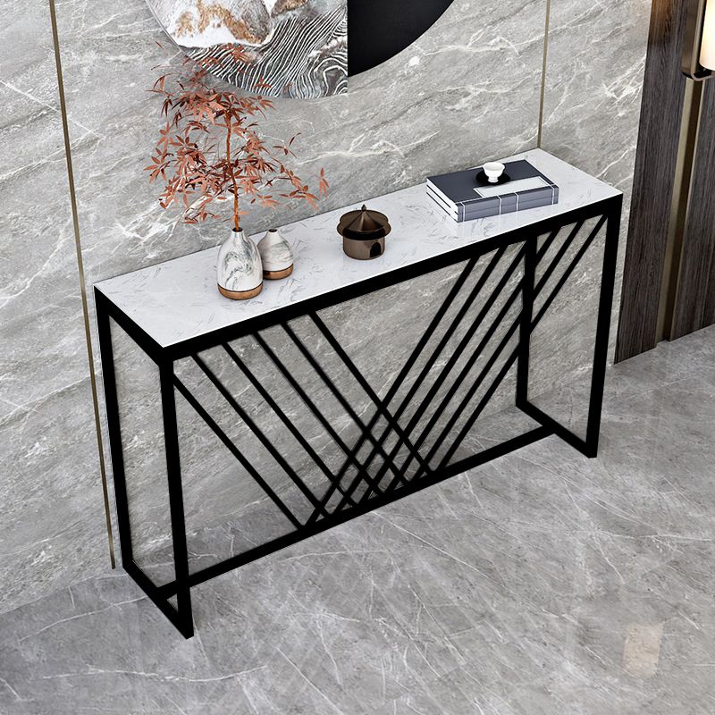 Glam Style Console Table with Rectangle Marble Top and Iron Trestle Base