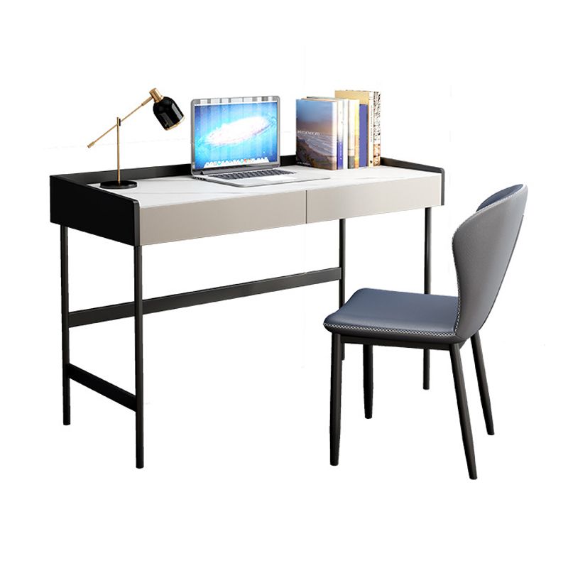 2 Drawers Office Desk Stone Rectangular Writing Desk with Iron Legs