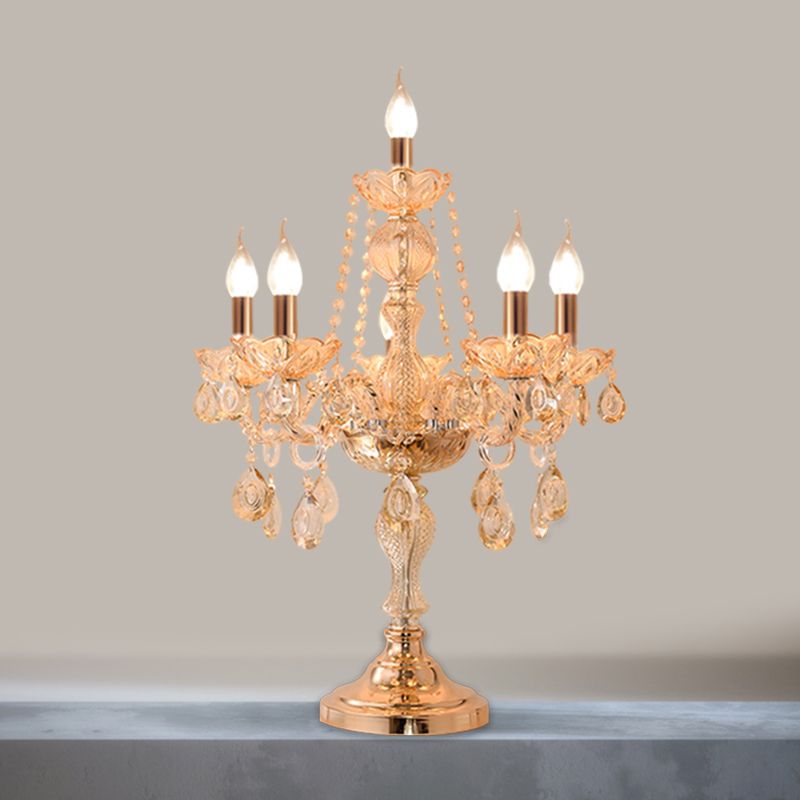 5/6 Heads Candelabra Table Light Traditional Gold Crystal Droplets Nightstand Lamp with/without White Bell Fabric Shade