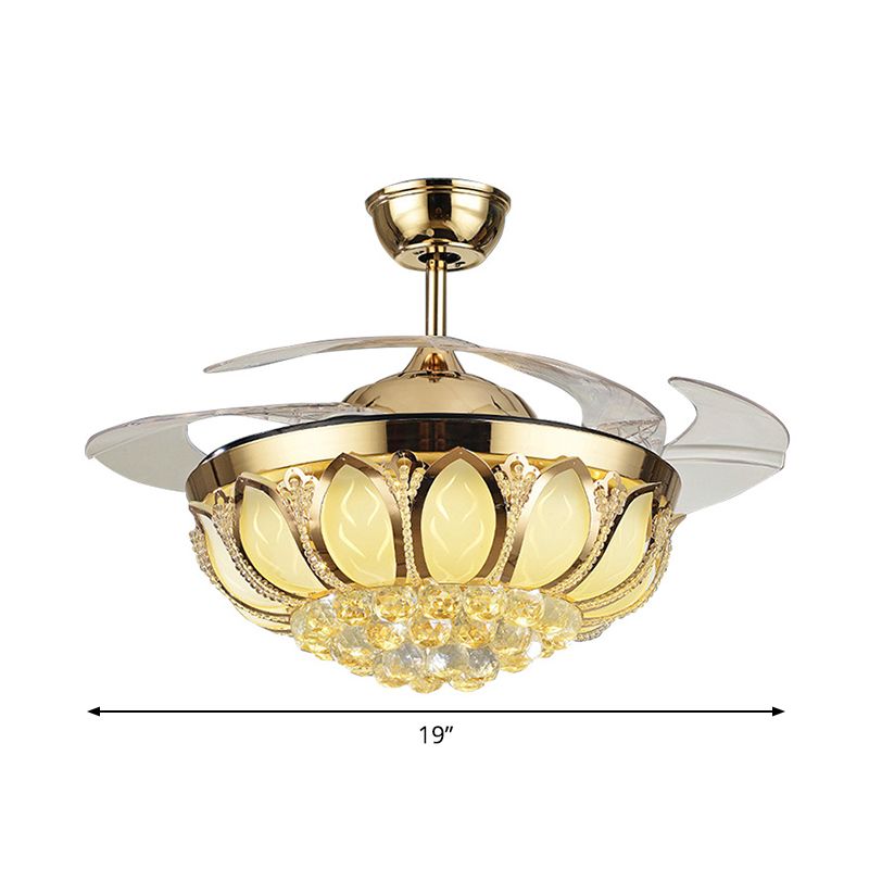 Faceted Crystal Bowl Semi Flush Ceiling Light Modern 19" Wide LED Pendant Fan Lamp, 4 Blades