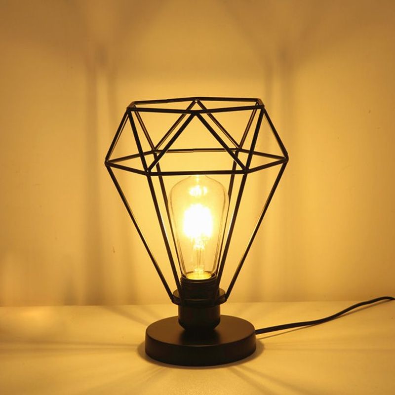 Industrial Style Wire Guard Table Lamp with Diamond Shade 1 Head Metallic Table Lighting in Black