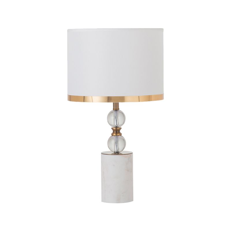 White 1 Head Crystal Table Light Traditional Fabric Cylinder Shade Night Stand Lamp with Marble Base