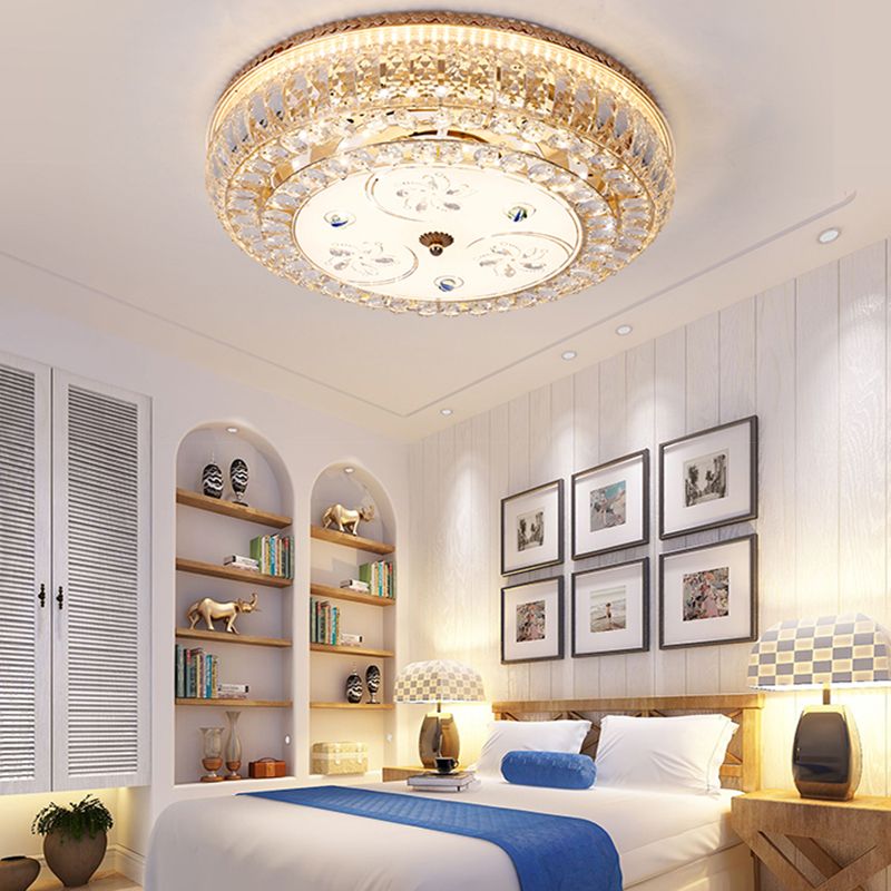 LED Drum Flush Light Modernism Clear Crystal Ceiling Light Fixture with Glass Diffuser and Flower/Butterfly Pattern in Gold