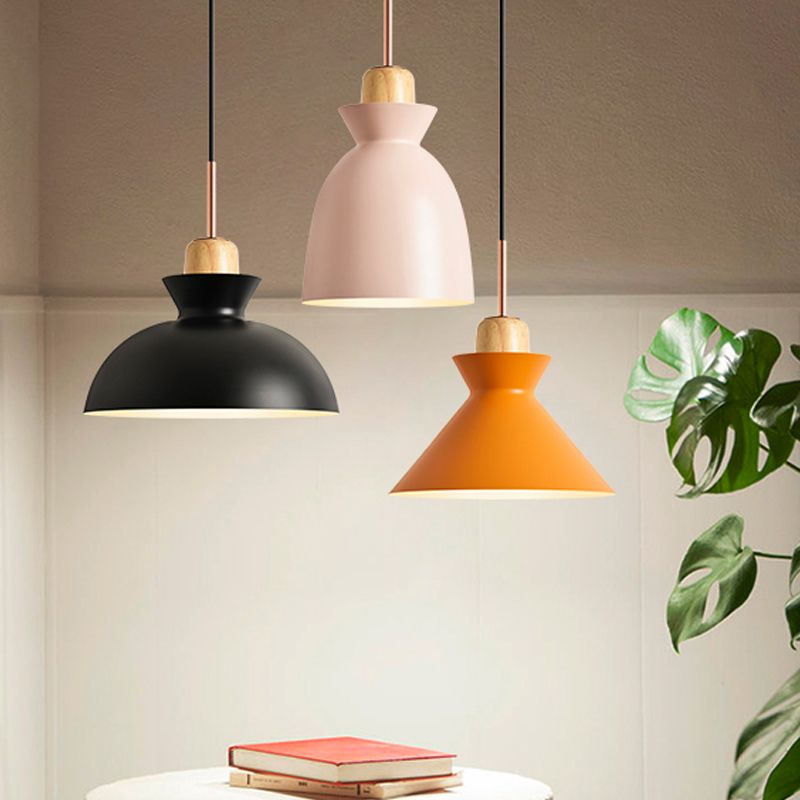 Macaron 1-Light Pendant Lamp Pink/White/Black Cone/Bowl/Bell Hanging Ceiling Light with Iron Shade and Wood Cork