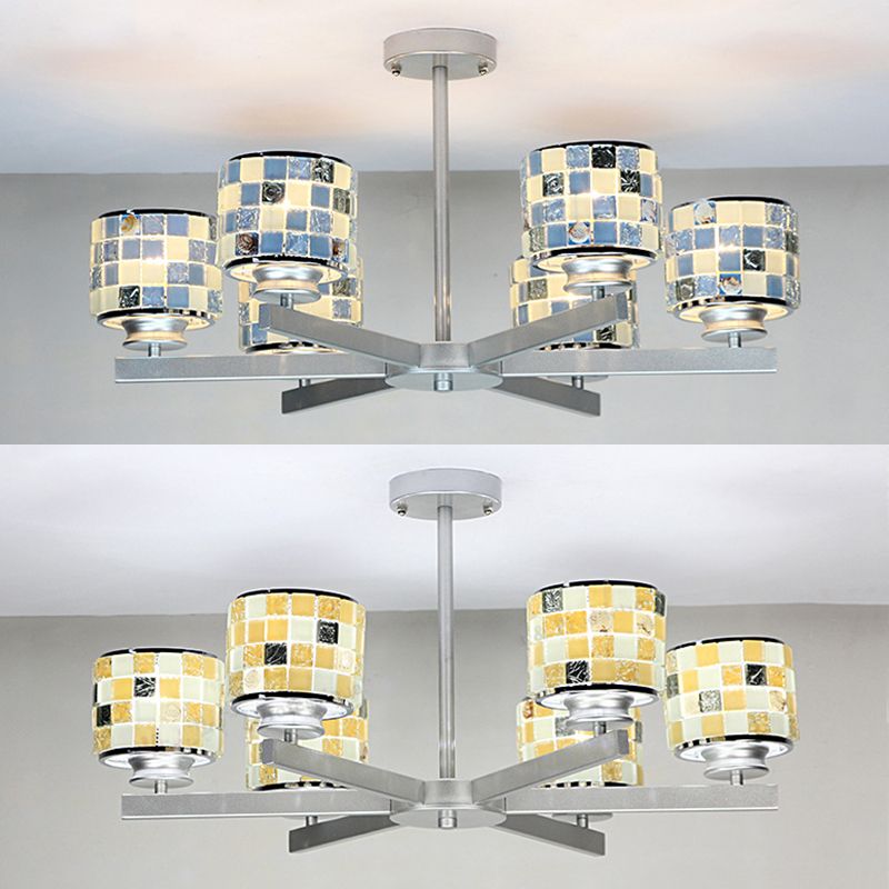 Modern Mosaic Hanging Ceiling Light 6 Lights Blue/Yellow Glass Hanging Chandelier in Chrome Finish