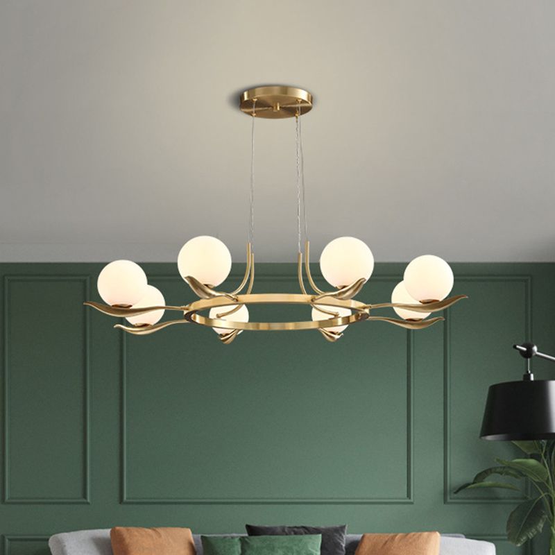 Frosted White Glass Ball Ceiling Chandelier Modern 6 Heads Suspended Lighting Fixture in Brass