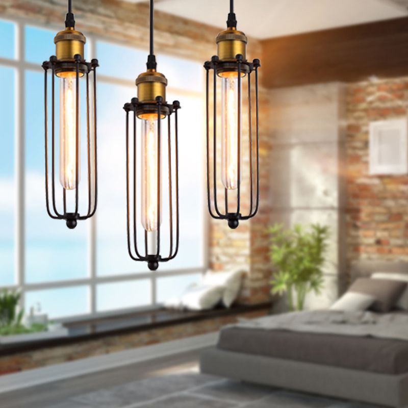 Vintage Industrial Cylindrical Wire Cage Pendant Light Black Metal Suspension Light  for Living Room